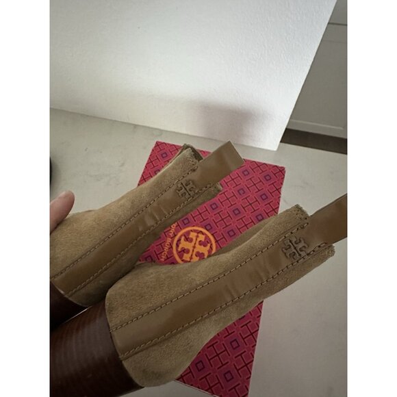 Women’s Tory Burch Stafford Tan Suede Leather Ankle Lug Sole Heeled Booties 7.5 - Picture 5 of 10